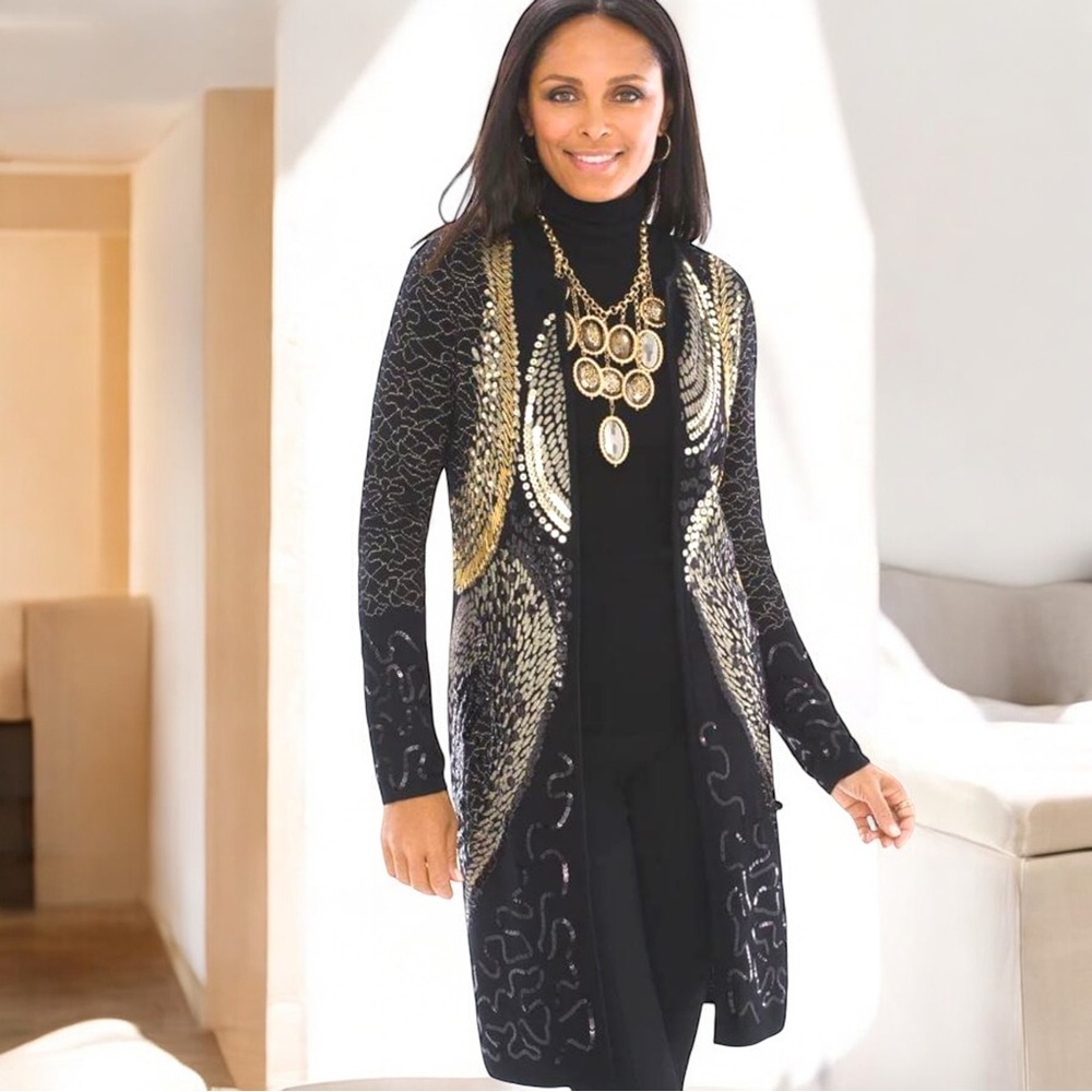 Chico’s Augustina Embellished Beaded Open Front Black Knit Duster Chico’s 0 4/6